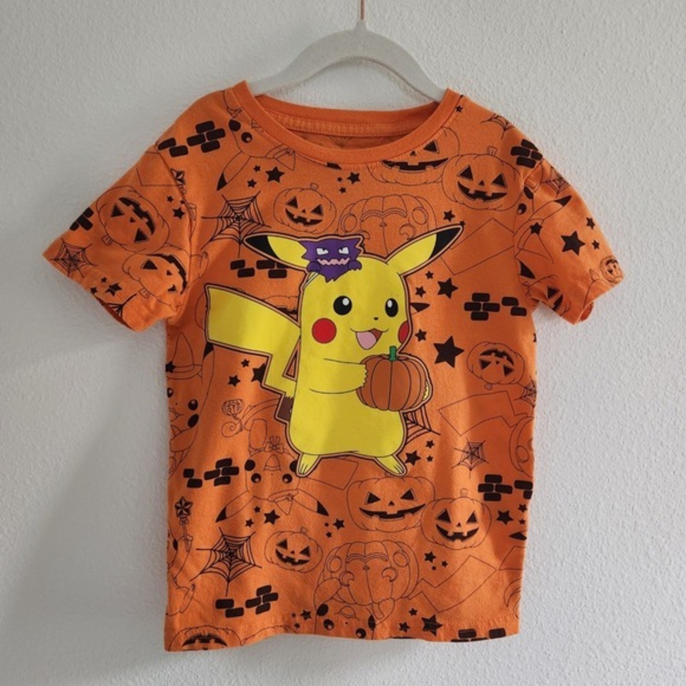 Pokemon Pikachu Halloween Orange T-Shirt Gengar Pumpkin Kids XS 4/5